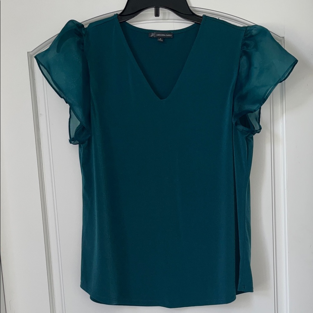 Adrianna Papell Teal V-Neck Flutter Sleeve Blouse